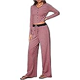 MakeMeChic Women's 2 Piece Striped Pajama Sets Long Sleeve V Neck Button Down Sweater and Pants Loungewear Sets