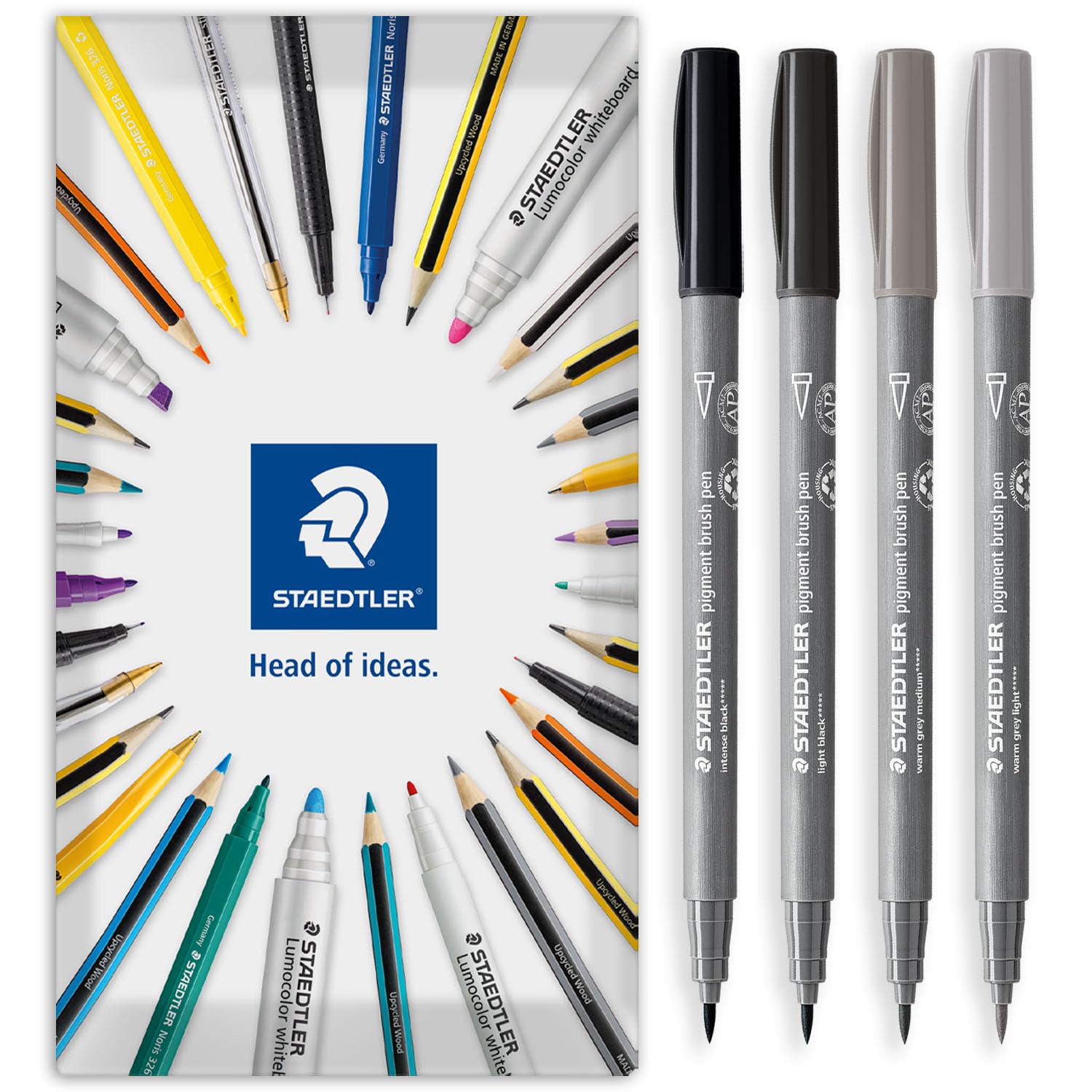 STAEDTLER 371 Pigment Brush Pens | Pigment Arts | Adult Colouring Fibre-Tip Colouring Pen | Medium-Firm Nylon Brush Tip Nib (Warm Grey Wallet of 4)