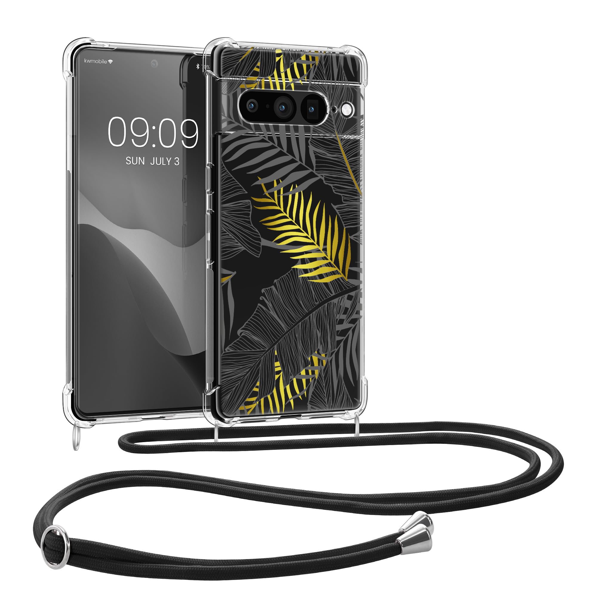 kwmobile Crossbody Case Compatible with Google Pixel 7 Pro Case Strap - Palm Leaves Gold/Grey/Transparent