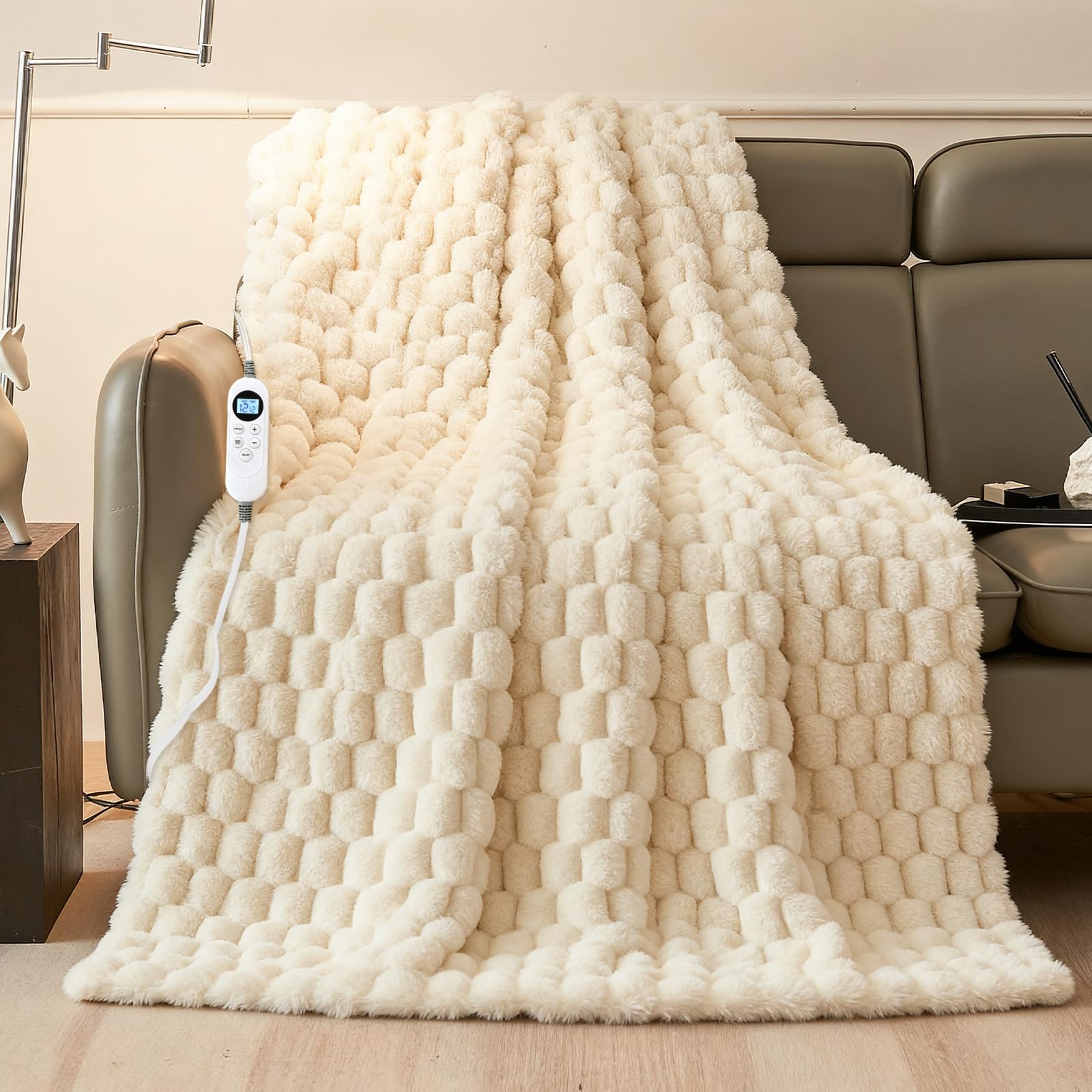 Photo 1 of *STAINED** Electric Heated Blanket Throw 50" x 60" Soft Ribbed Faux Fur Flannel Fast Heating 12 Heat Levels 1–12H Timer & Overheat Protection & Auto Shut-Off & ETL FCC & Machine Washable Heated Throw (White)