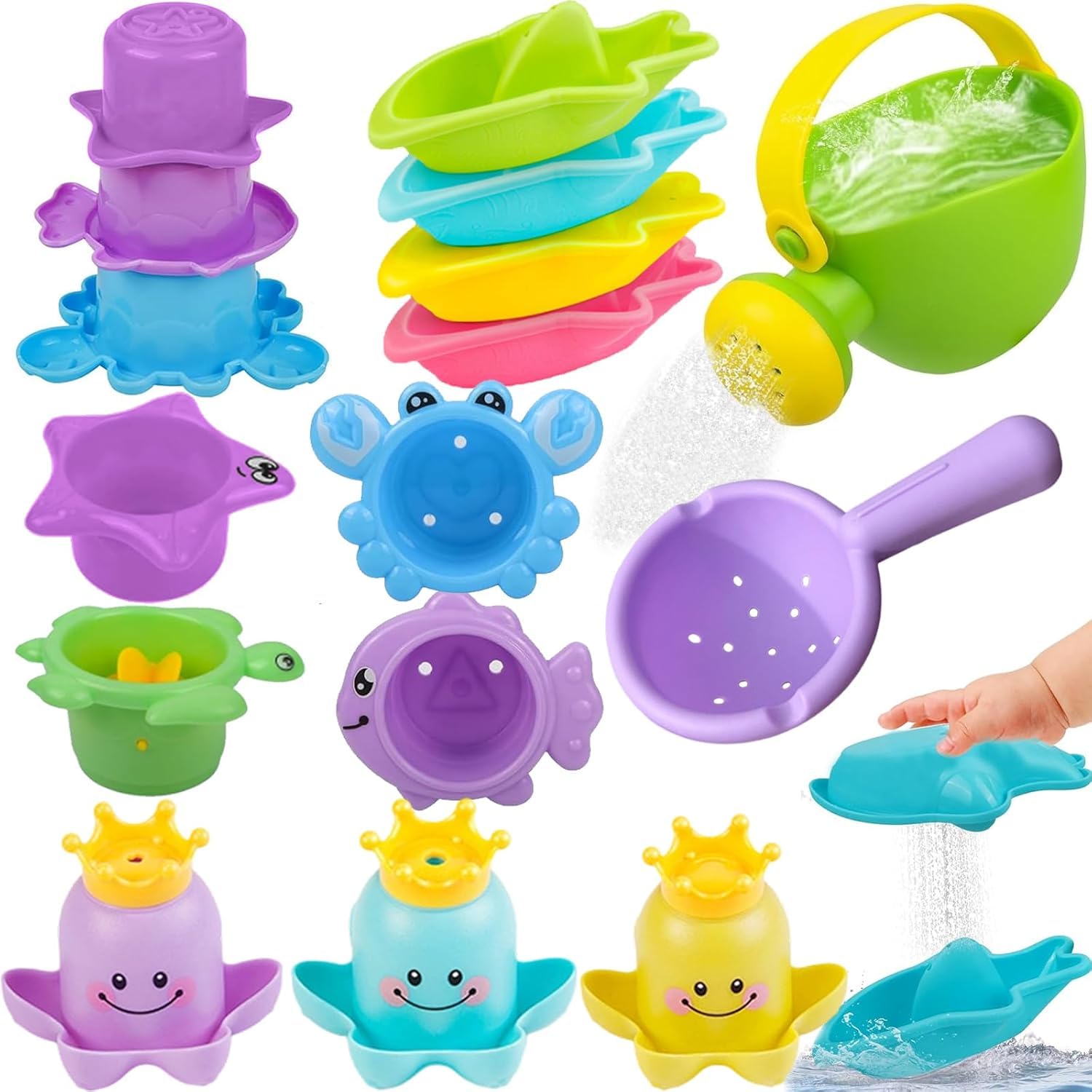 Meriviva Baby Bath Toys for 1 2 3 Year Olds, 13 Pcs Mould Free Paddling Pool Toys, Water Play Toys for Toddlers, Watering Can Stacking Cups Bath Boats for Boys Girls