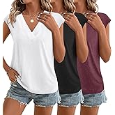 3 Pack Womens Tops V Neck Cap Sleeve T-Shirts Summer Beach Vacation Clothes 2026 Spring Casual Outfits Fashion Basic Tee