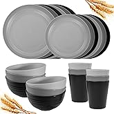 Rubtlamp 24Pcs Kitchen Plastic Wheat Straw Dinnerware Set,Dinnerware Sets for 6,Microwave Dishwasher Safe Plates, Unbreakable Reusable Plastic Wheat Straw Bowls & Plate for Camping