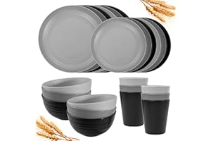 Rubtlamp 24Pcs Kitchen Plastic Wheat Straw Dinnerware Set,Dinnerware Sets for 6,Microwave Dishwasher Safe Plates, Unbreakable Reusable Plastic Wheat Straw Bowls & Plate for Camping