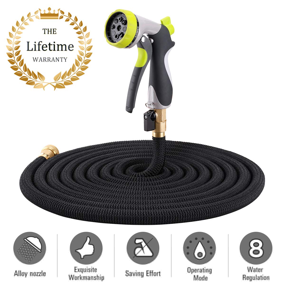 Reeple Expandable Garden Hose - New Water Hose Triple Nano- Latex Core, 3/4 Solid Brass Fittings, The Strongest Fabric, Flexible Expanding Hose with Metal 8 Function Spray Nozzle and Shut-Off Valve