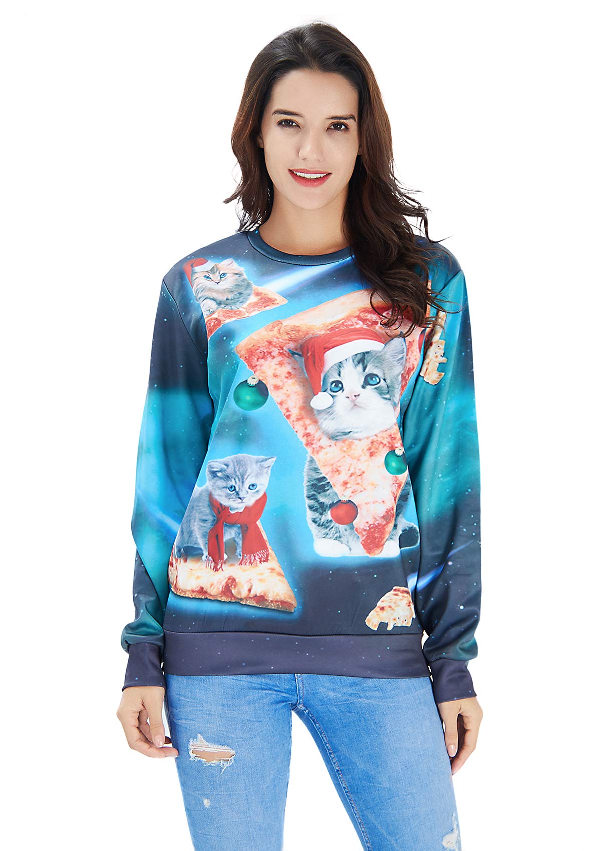 RAISEVERN Unisex hässliche Weihnachtskatze Pullover Hip Hop Neuheit Grafik Pullover Sweatshirt Kleidung für Teen Juniors