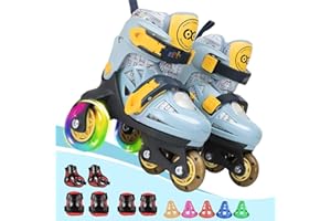 4-PEJIIJAR Kids Quad Roller Skate,Roller Skates for Girls Boys,with Adjustable Size&Double Brakes&Luminous Wheels&Protective Gear,3-Point Balance Roller Shoes for Beginners