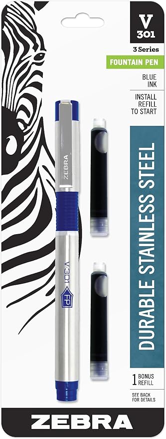 Zebra V 301 Stainless Steel Fountain Pen With Bonus Refill Fine Point 0 7mm Blue Ink 1 Count Amazon Ca Electronics