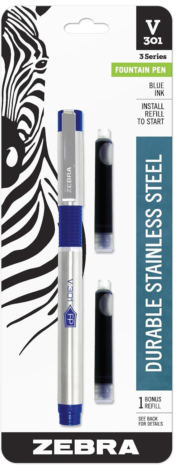Zebra V301 Stainless Steel Fountain Pen with Refill, Blue, (48121) by