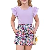 Haloumoning Girls 2 Piece Summer Outfits Clothes Ruffle Short Sleeve Shirts and High Waist Paper Bag Shorts Sets with Pockets
