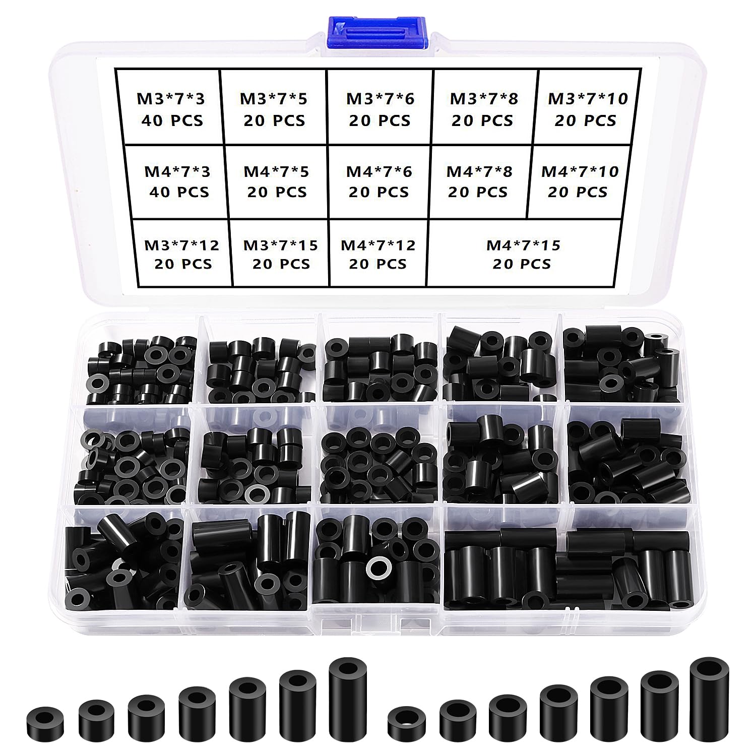 YIXISI 320 PCS ABS Round Spacer Assortment Kit, for M3 / M4 Screws, Non Threaded Column Standoff Support Spacer, OD 7mm, Black