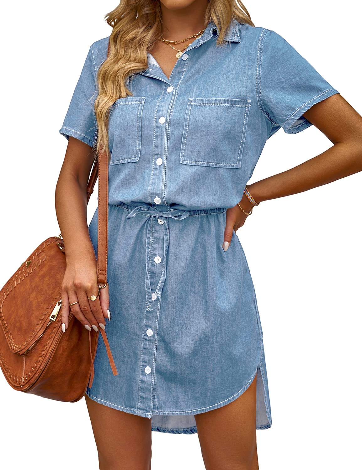 Photo 1 of luvamia Women's Casual Denim Shirt Dress Short Sleeves Tie Waist Button Down Jean Dress Blue Tides Size S