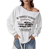 SweatyRocks Women's Off the Shoulder Sweatshirts Long Sleeve Vintage Car Graphic Sweatshirt
