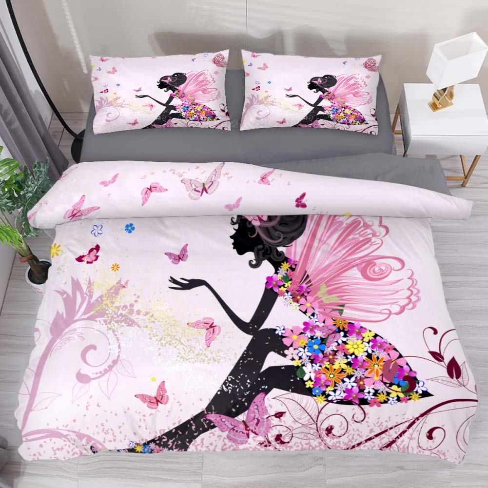 LvShen Flower Fairy Angel Butterfly Bedding Sets Queen Size 3 Pieces Printed Sheets Bed Coverlet Duvet Cover Set with 2 Pillow Cases Shams for Home Women Men