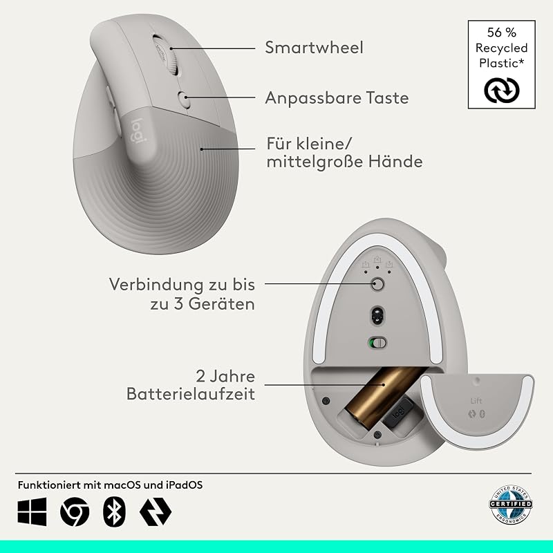 Lift Vertikale Ergonomische Maus, Kabellos, Bluetooth oder Logi Bolt USB-Empfänger, Leise Klicks, 4 Tasten, Kompatibel mit Windows/macOS/iPadOS, Laptop, PC - Sand