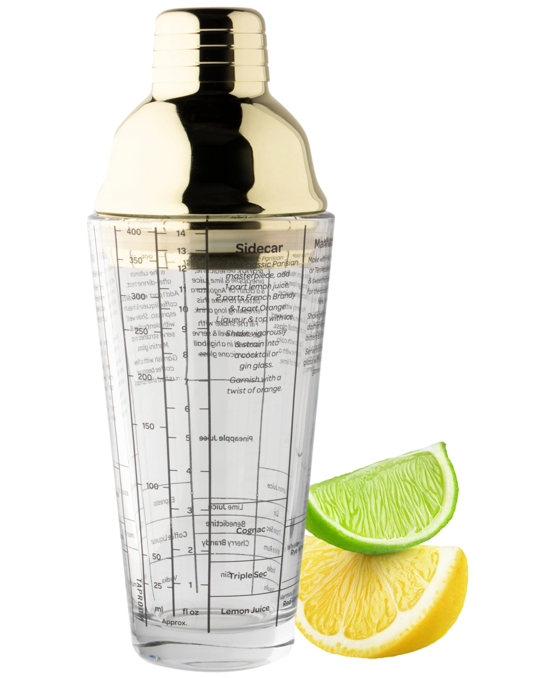 Glass Recipe Cocktail Shaker Tool - 400ml (14fl oz) Built-In Ice Strainer, Silicone Seal & Spirit Measure Cap. Stainless Steel Gold Coloured Lid & Strainer. Measuring Scale & Recipes on Side of Glass.