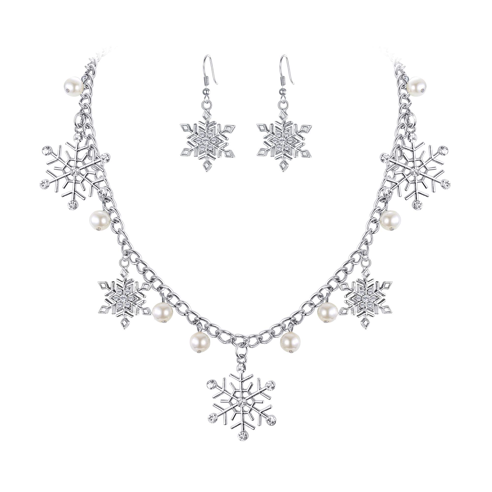 Ever Faith Christmas Snowflake Jewerly for Woman Crystal Cream Simulated Pearl Winter Snowflake Necklace Dangle Earrings Set