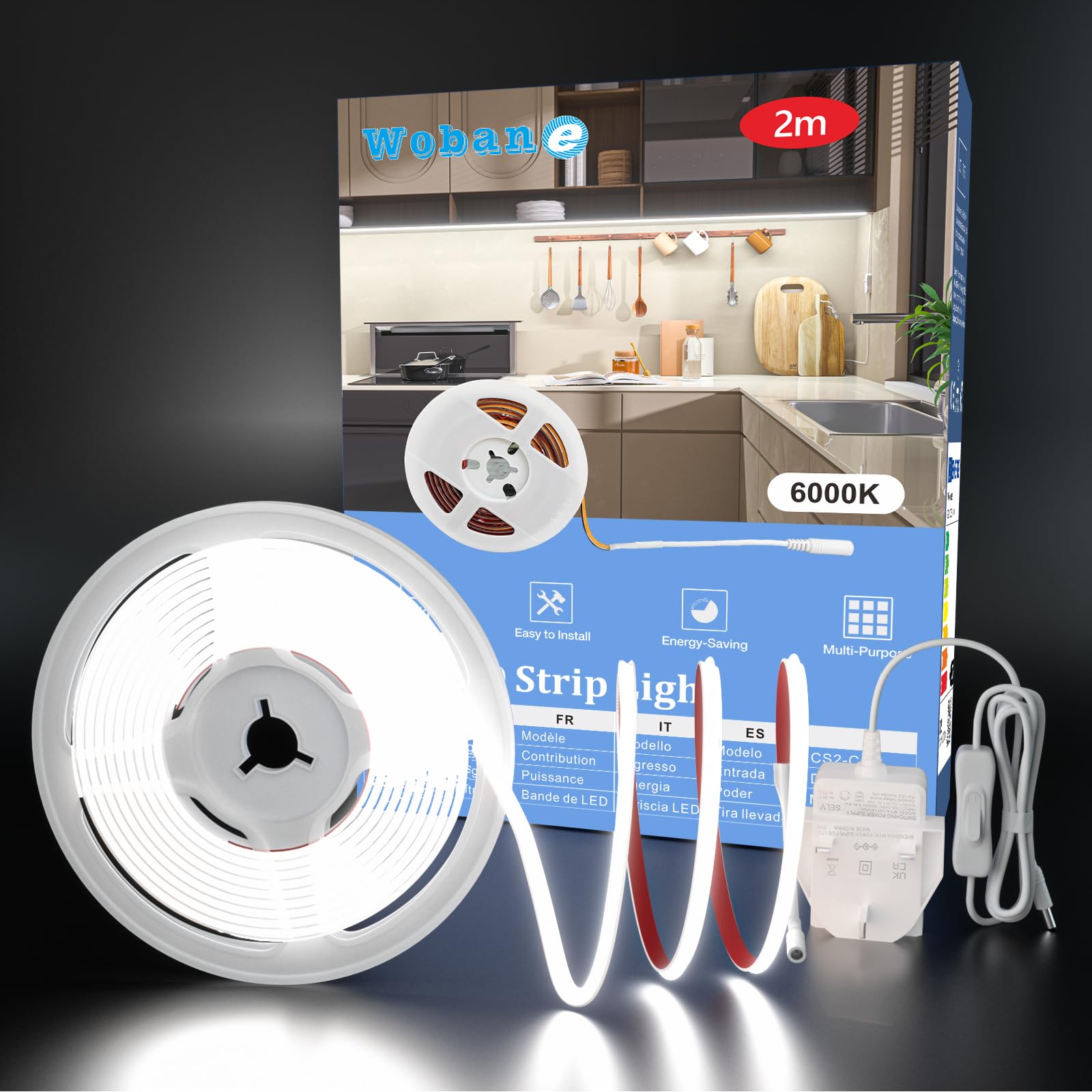 WOBANE White COB LED Strip Light,2m 12V Under Cupboard Lights,640LEDs,CRI90+,Flexible LED Tape Lights for Mirror,Kitchen,Workbench,Vanity,DIY Lighting,900lumen,6000K — image 1