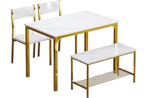 soges 4 Pieces Dining Table Set, White Faux Marble Table Set for 4, 43.3 inch Dining Set with 2 Chairs and Bench with Storage