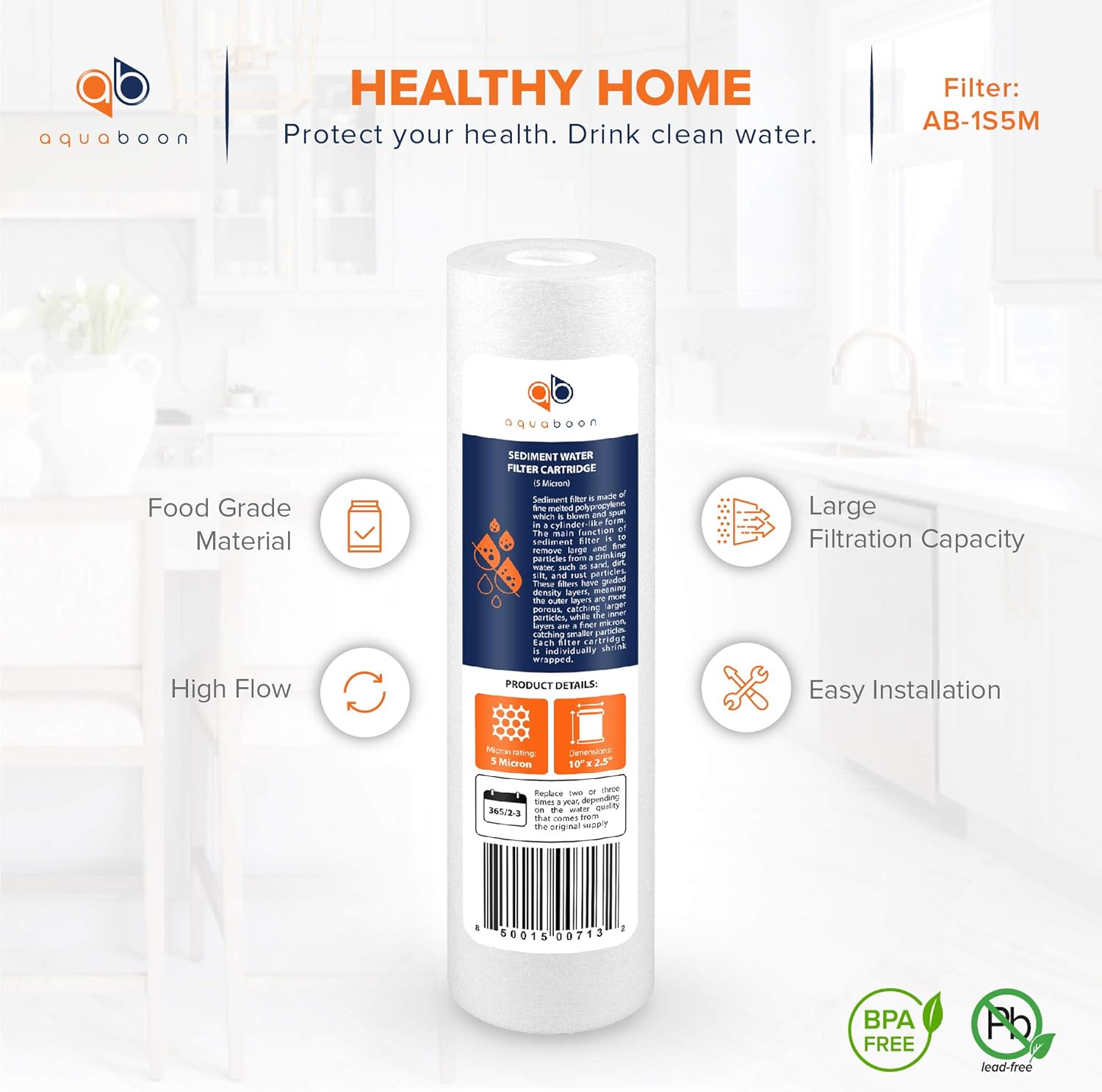 Aquaboon 6-Pack of 5 Micron 10" Sediment Water Filter Replacement Cartridge for Any Standard RO Unit | Whole House Sediment Filtration | Compatible with DuPont WFPFC5002, Pentek DGD series, RFC: Kitchen & Dining