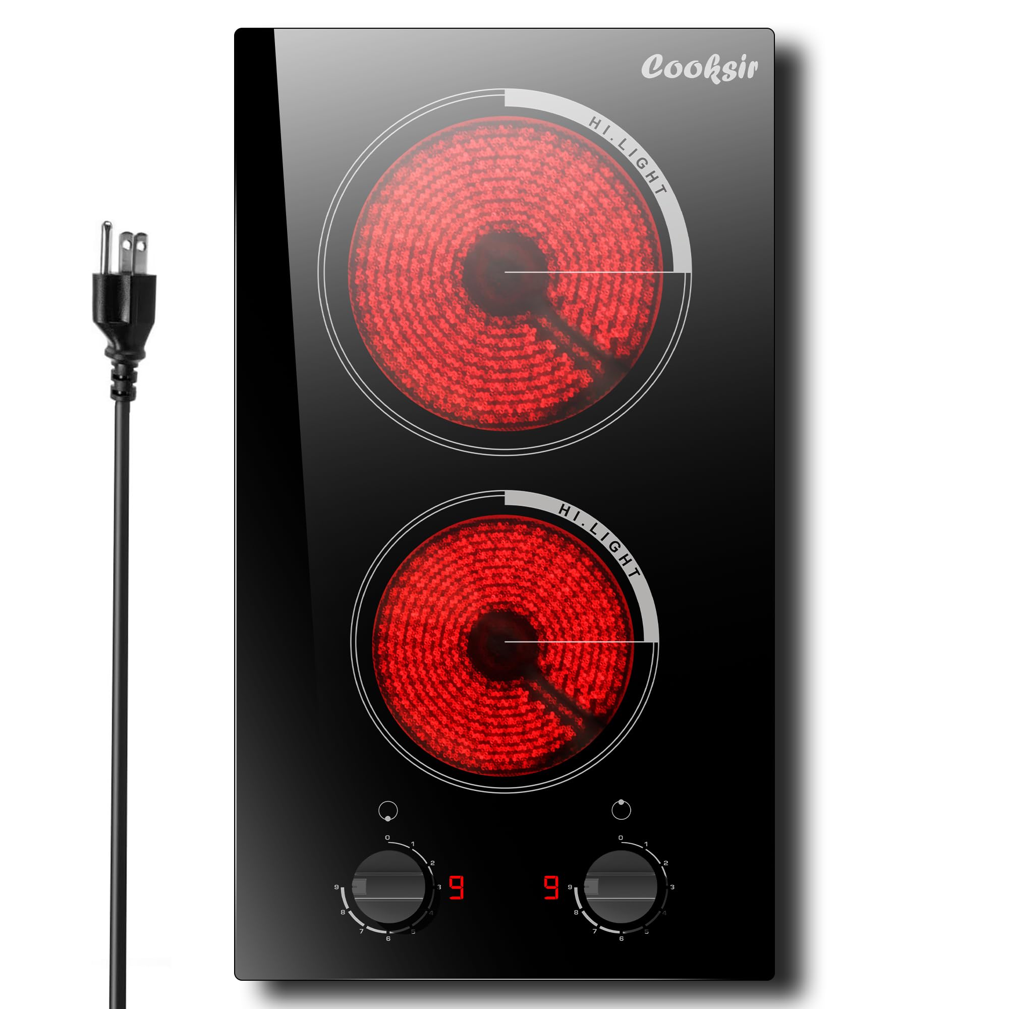 Photo 1 of Cooksir 2 Burner Electric Cooktop - 110v Countertop Electric Stovetop 2000W, 12 Inch Ceramic Stove with Residual Heat Indicator, Over-Temperature Protection, 9 Power Levels, Knob Control, 120V Plug in