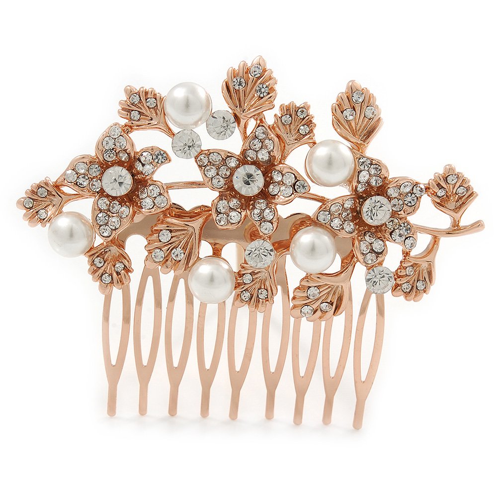 Bridal/Wedding/Prom/Party Rose Gold Tone Clear Crystal, Simulated Pearl Floral Hair Comb - 75mm