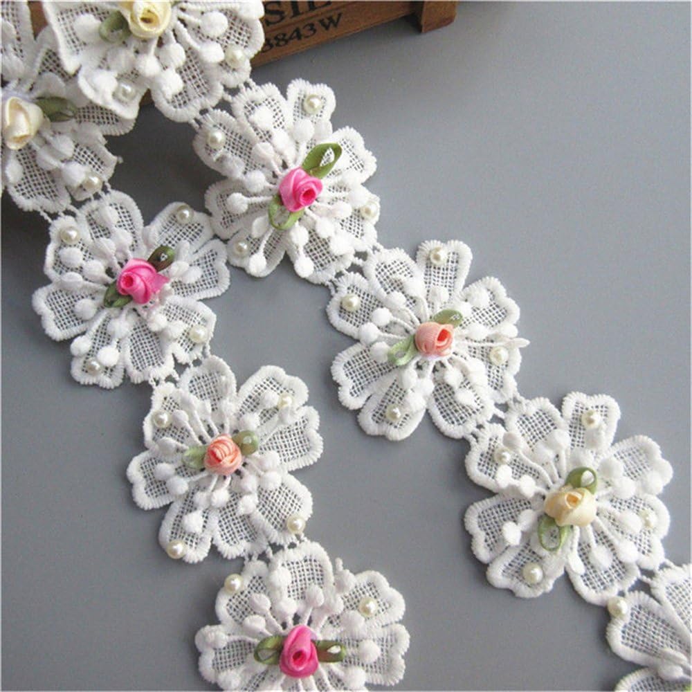 2 Yard Cotton Crochet Flower Pearl Beaded Lace Trim Ribbon Edging 2.2" Width Vintage Style White Trimmings Fabric Embroidered Applique for Sewing Craft Wedding Bridal Dress Embellishment Party DIY
