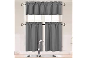 Home Collection 3 Pieces Solid Color Kitchen Curtain Set Tier and Valence with Rod Pocket Microfiber 100% Sunlight Blackout Drapes Window Treatment New (Charcoal/Dark Grey)