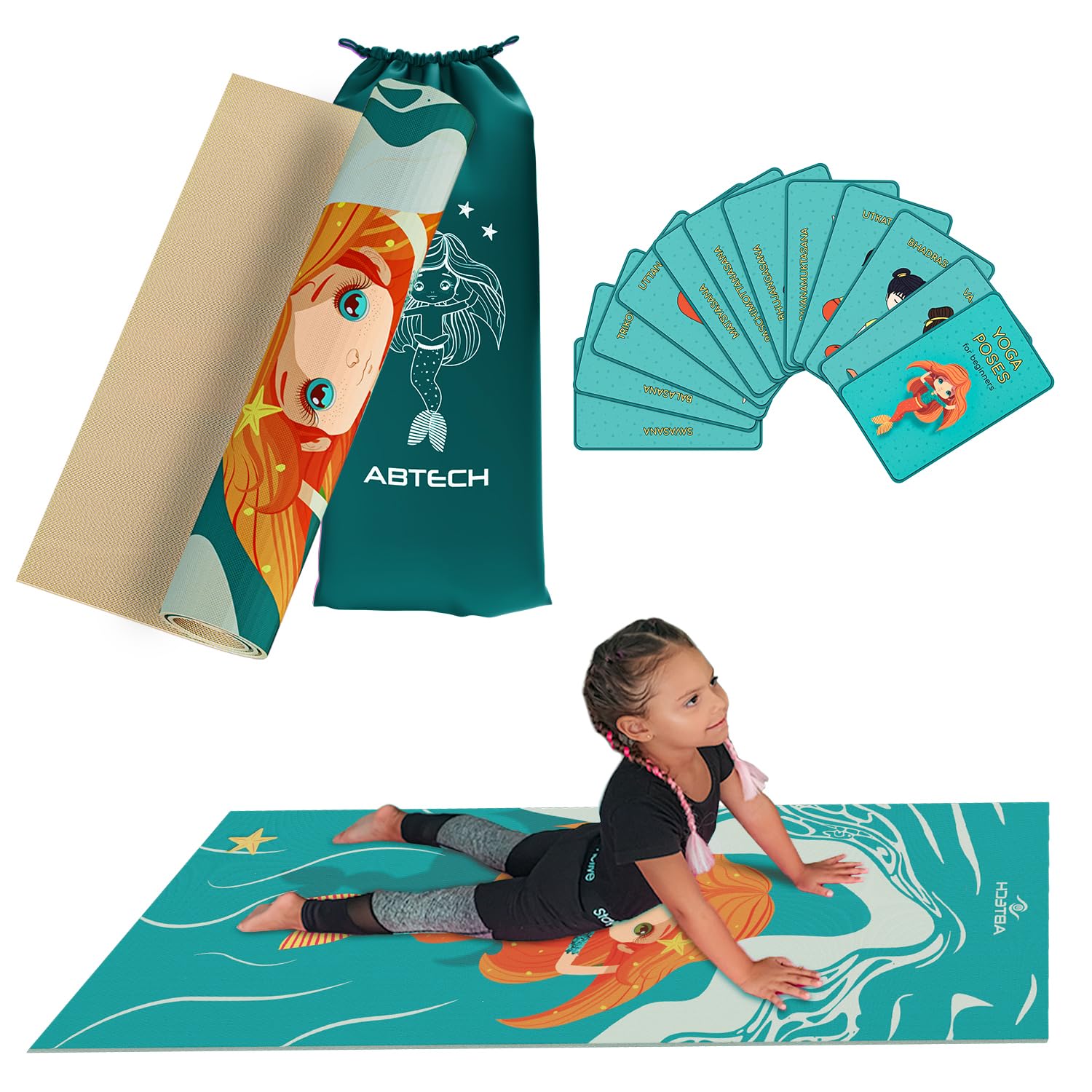 Abtech Kids Yoga Mat Set - Comfortable Mermaid Kid Yoga Mat Girl with 12 Yoga Cards, Storage Bag, Beige Play Mat Thick for Gymnastics Mat, Exercise Mat, No-Toxic and Non-Slip for Ages 3-12 Image