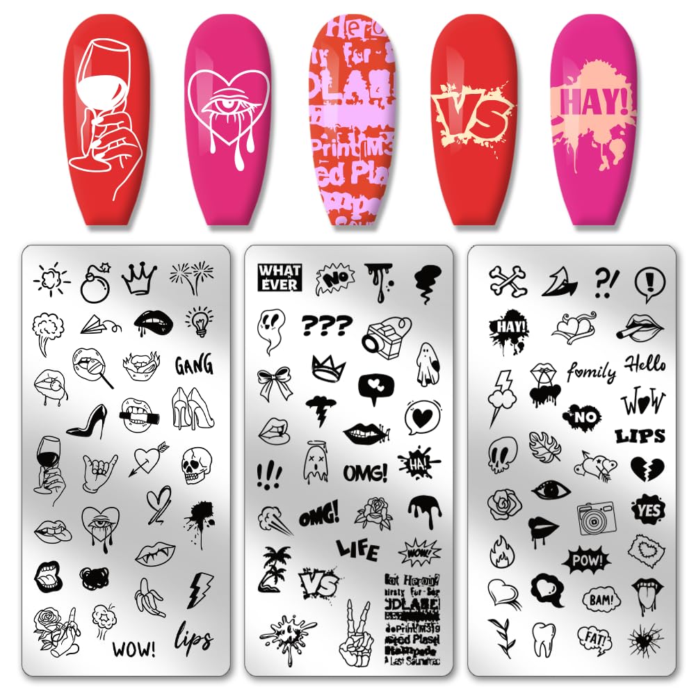 PH PandaHall 3pcs Love Heart Lips Nail Stamper, 96 Patterns Valentine's Day Nail Stamping Plate Greetings Comic Phrases Nail Art Stencils Stainless Steel Nail Plates for Wedding Party Manicure Design