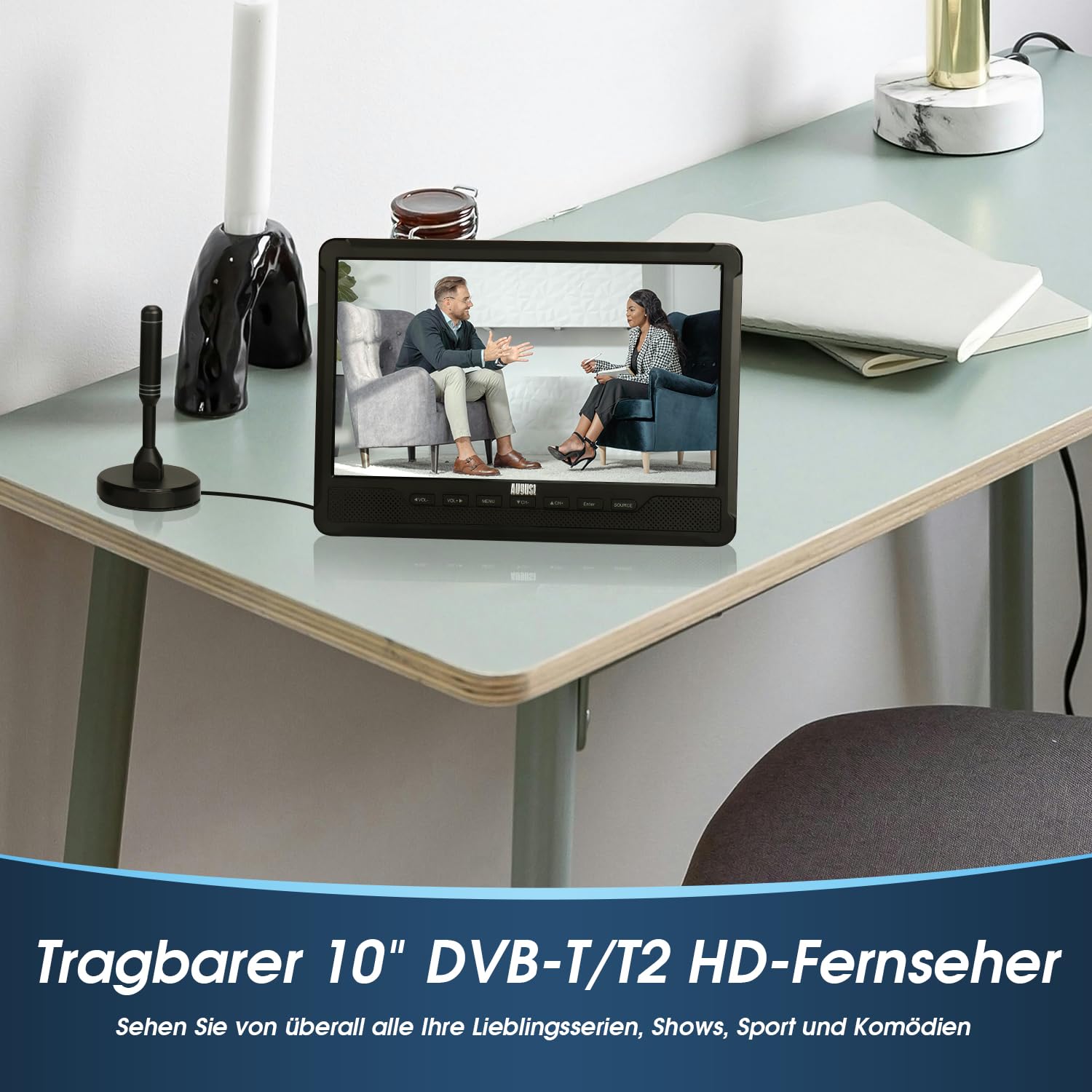 August DA383-10“ tragbarer HD Fernseher mit DVD Player&integriertem Akku-DVB-T2 mini LCD TV mit EPG/Aufnahmefunktion (PVR), CD/DVD/USB/SD-Karte, HDMI, AV - Aux-Ausgang Perfekt für Wohnwagen Zuhause 2