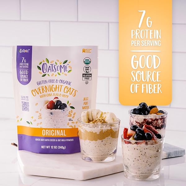 OATSOME ORGANIC OVERNIGHT OATS WITH CHIA, FLAX, & HEMP, GLUTEN-FREE OATMEAL WITH 7G OF PROTEIN, 12OZ BAG