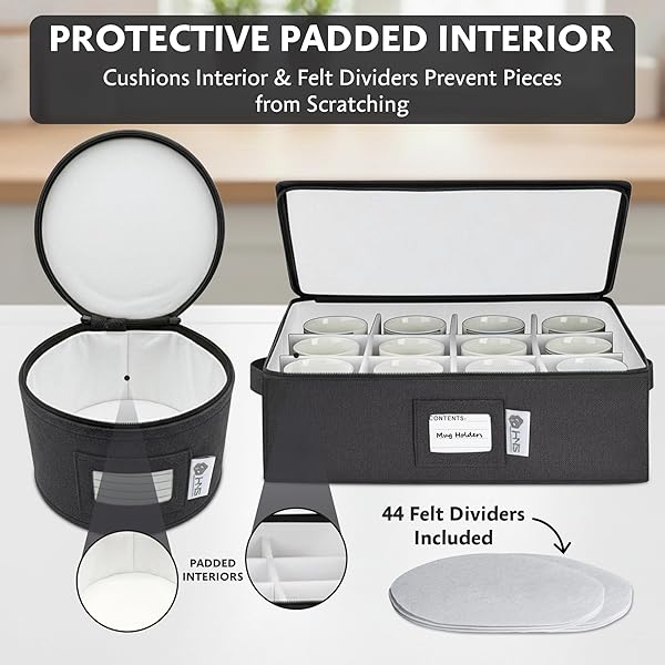CHINA STORAGE HARD SHELL CONTAINERS 5-PIECE SET MOVING BOXES FOR DINNERWARE, GLASSES, PLATES, MUGS AND SAUCERS STURDY DISH ORGANIZER WITH DIVIDERS FOR SEASONAL STORAGE – SERVICE FOR 12 – BLACK QUILTED