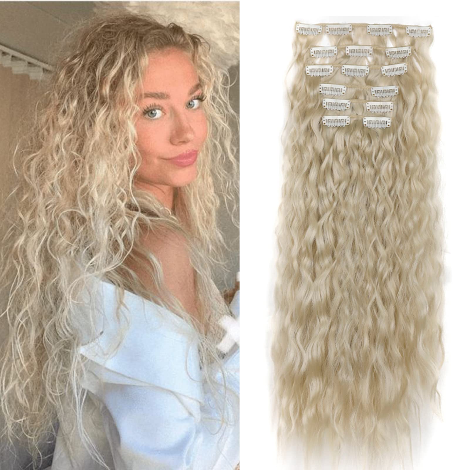 Gairyan Clip in Hair Extensions Curly Wavy Long Hair Pieces 6PCS Full Head Synthetic Hair Extension Thick Natural Look for Women, 20 Inches 140g, Platinum Blonde