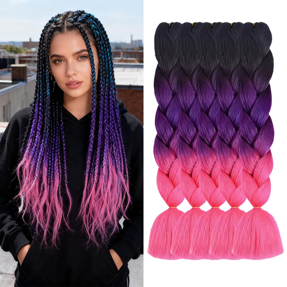 ShowJarlly 5 Packs Ombre Jumbo Braids Hair, Black/Rosy Hair African Braid Extensions, 24inch Box Braid Hair Extensions Synthetic Colorful Hair Extensions for Braiding — image 1