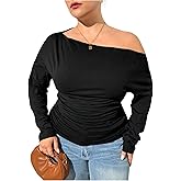 RoseSeek Women's Plus Size Off Shoulder Ruched Tops Long Sleeve Slim Fit Tee Shirts Elegant Basic Top