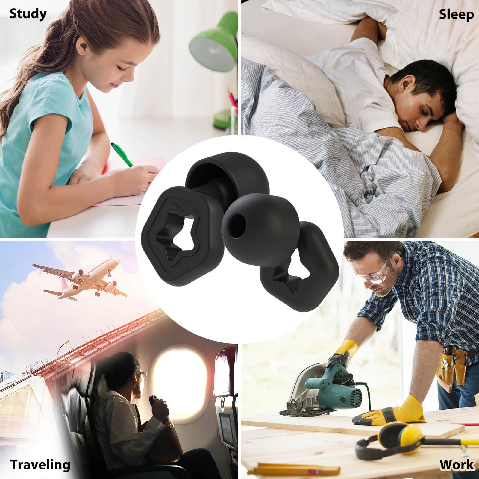 ELFTRON Ear Plugs for Sleeping Noise Reduction, 25 to 35 dB Noise Cancelling Ear Hearing Protection Earplugs Silicone Super Soft Flexible Reusable 12 pcs 6 pairs in S/M/L for Work Concert Flight Black