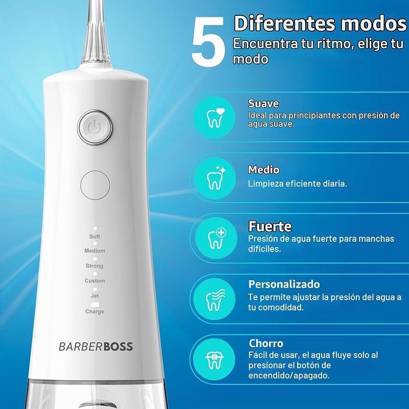 Irrigador bucal avanzado, 5 modos de presión y tanque grande de 340 ml, irrigador oral impermeable IPX8, 4 puntas de chorro y bloqueo de viaje, irrigador dental de agua, QR-7104 (Blanco)