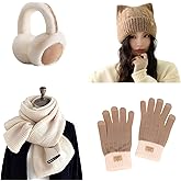 Hat Gloves Scarf Set Women - 4PCS Winter Knit Warm Beanie Hat, Touch Screen Gloves, Earmuffs, Long Knitted Plaid Scarf Set, for Winters Cold Weather, Travel, Skiing,Cosplay