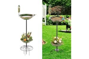 DREAMSOUL 42" Pedestal Bird Bath with Planter, Metal Bird Baths for Outdoors with 4 Prongs Stake, Outdoor Birdbath with Feeder for Garden Patio Yard Decor