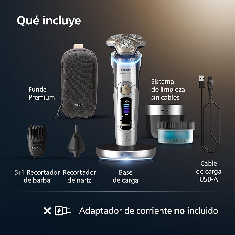 i9000 Prestige Ultra, Afeitadora Eléctrica Hombre, Máquina de Afeitar Barba Seco y Húmedo, SkinIQ Pro, Base de Carga, Recargable, Estuche, Centro de limpieza, Recortador, Naricero, XP9404/38