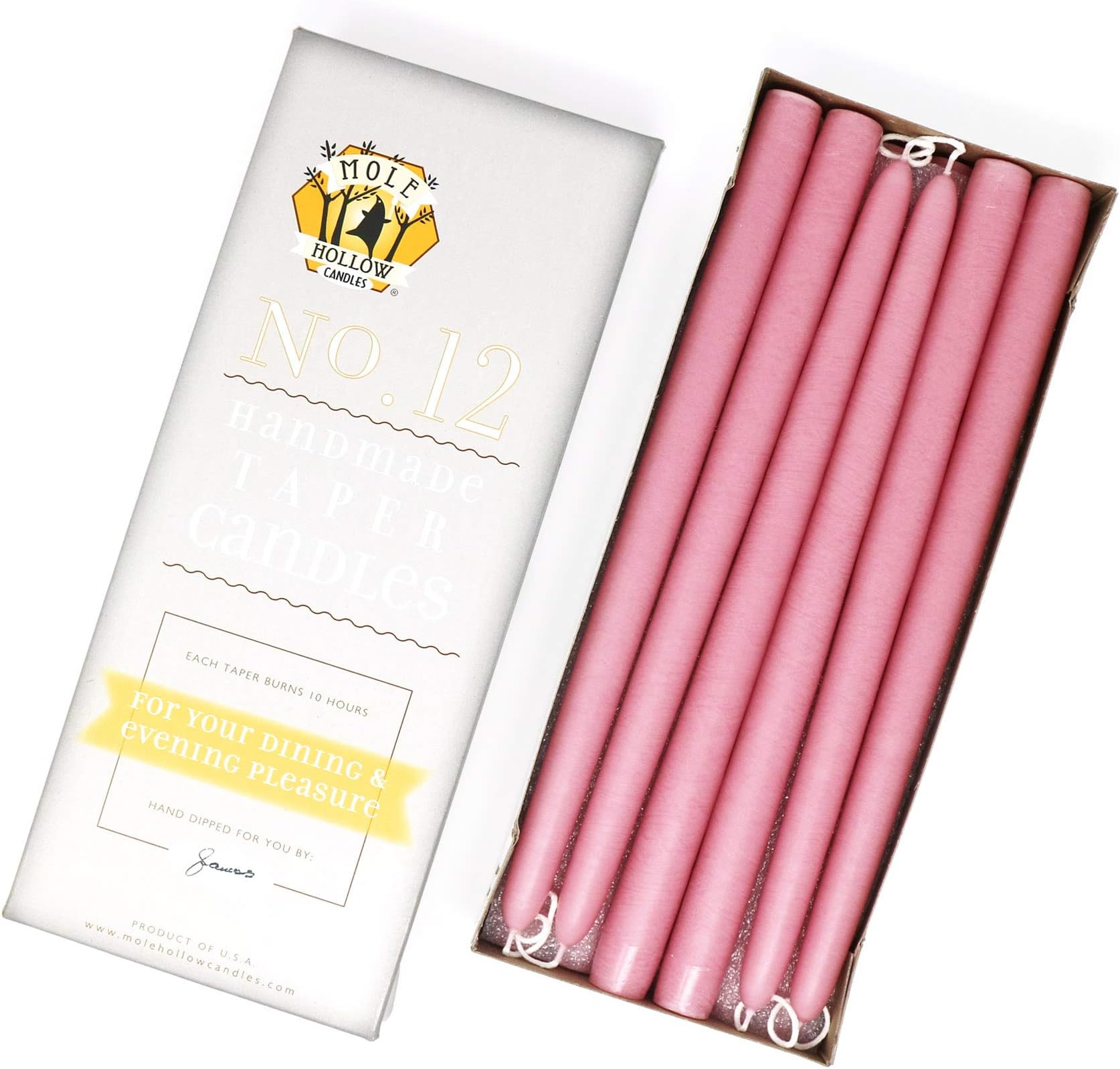 12" Dripless Taper Candles, Dusty Rose - Mole Hollow Candles
