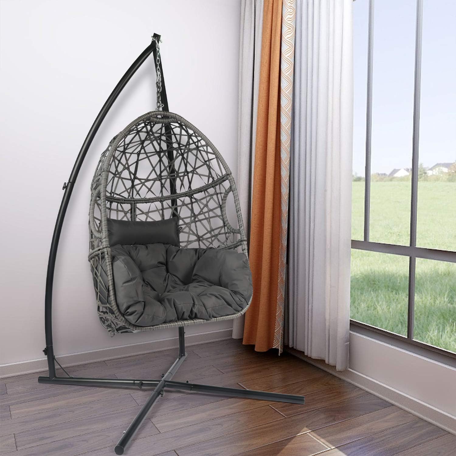 YILI C-Shape Hammock Chair Stand, Solid Steel 220lb Heavy Capacity, with 2X Hooks, 1x Chain, Indoor/Outdoor use, Rack Stand for Hanging Chair, Tree Tent, Air Porch Swing, Loungers, Yard, Garden, Patio, Black : Kitchen & Dining