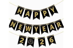 QIYEYEYE Happy New Year Banner 2026, DIY Black & Gold Glitter New Years Decorations 2026 | Happy New Year Eve Party Supplies Bunting Banner | Happy New Years NYE Decorations Sign for Home, Garden, Party Favors