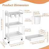 JIUYOTREE 3-Tier Plastic Rolling Storage Cart with Lockable Wheels White view 2
