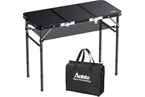 Anbte Folding Camping Table with Storage Net, 3ft Camping Table Aluminum Folding Table with 3 Adjustable Height Max 27.5 Inch Picnic Table Portable Table for Outdoor Backyard BBQ, Pure Black
