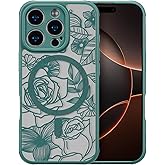XIZYO Magnetic Case for iPhone 16 Pro Floral Rose Cute Phone Case [Compatible with Magsafe] for Women Girls Aesthetic Pattern Slim TPU Shockproof Bumper Cover, Deep Green