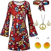 DANBAIEGG Girls Kids 60s 70s Hippie Costume Dresses Disco Outfits Party Clothes with Necklace Earrings Sunglass