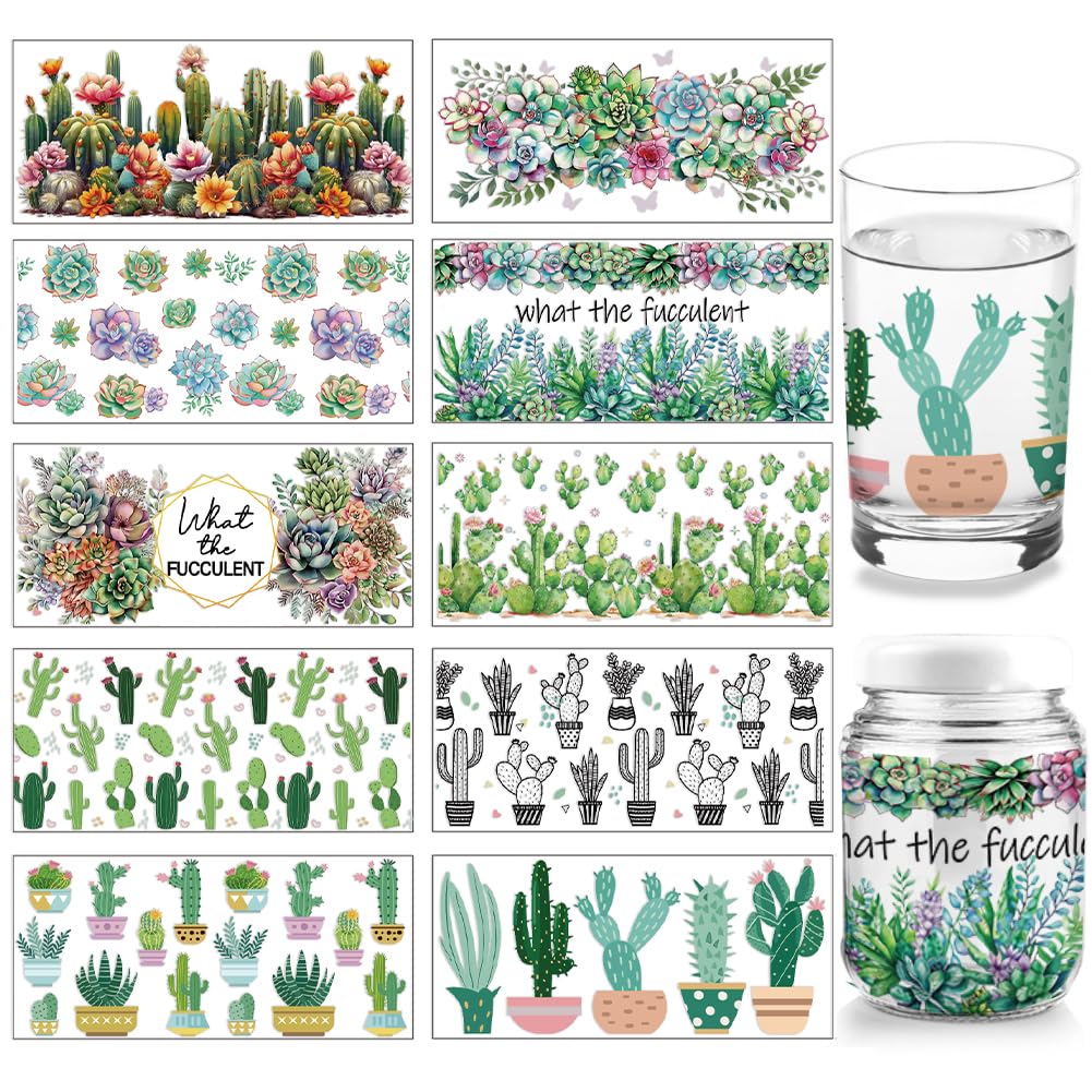arricraft 10 Sheets UV DTF Cup Wrap, Cactus Succulent Aloe Patterns Rub on Decals Desert Plant Waterproof PVC Transfer Stickers for DIY 16OZ Glass Cups Glass Bottle Crafts