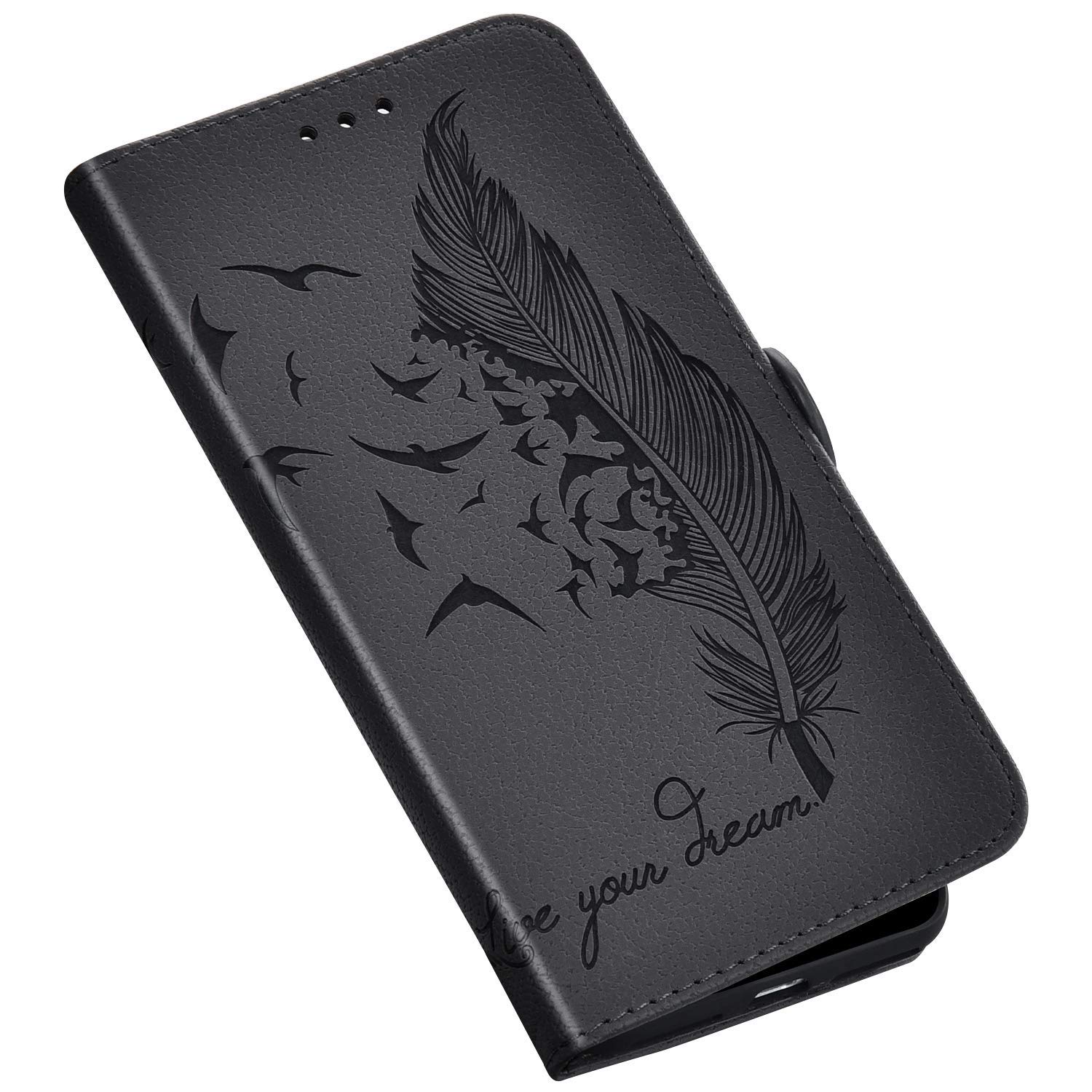 Qpolly Case Compatible with Samsung Galaxy A20e Flip Case, Feather Pattern Printed PU Leather Flip Cover Magnetic Closure Card Holder Wallet Case Cover, Grey